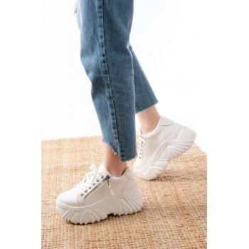 SP-156 Beyaz Bağcıklı Fermuarlı Yüksek Taban Günlük Spor Ayakkabı