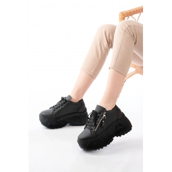 SP-156 Siyah Bağcıklı Fermuarlı Yüksek Taban Günlük Spor Ayakkabı