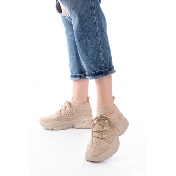 SP-2024 Bej Günlük Bağcıklı Fileli Taş Aksesuarlı Kadın Spor Ayakkabı