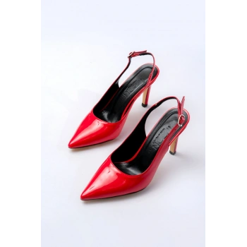 ST-1153 Kırmızı Rugan Günlük Arkası Açık 9 cm Topuklu Kadın Ayakkabı