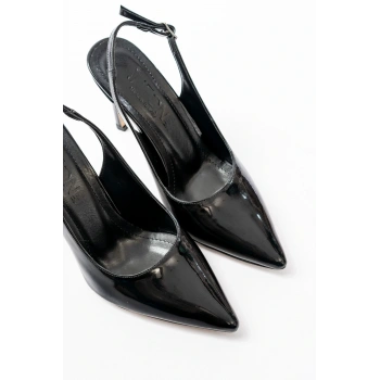 ST-1153 Siyah Rugan Günlük Arkası Açık 9 cm Topuklu Kadın Ayakkabı