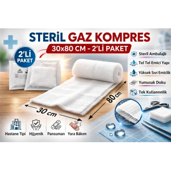 Steril Gaz Kompres 30x80 cm 2li 1 Paket Tel Tel Spanç Steril Gazlı Bez Yara Bakım Kompresi