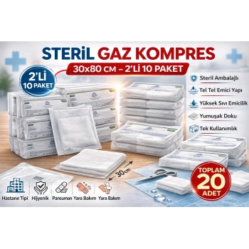 Steril Gaz Kompres 30x80 cm 2li 10 Paket Tel Tel Spanç Steril Gazlı Bez Yara Bakım Kompresi