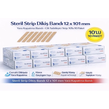 Steril Strip Dikiş Bandı 12 x 101 mm Yara Kapatma Bandı Cilt Sabitleyici Strip 10’lu 10 Paket