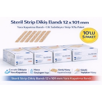 Steril Strip Dikiş Bandı 12 x 101 mm Yara Kapatma Bandı Cilt Sabitleyici Strip 10’lu 5 Paket