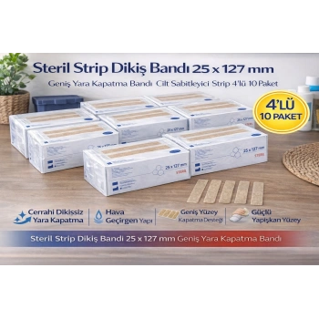 Steril Strip Dikiş Bandı 25 x 127 mm Geniş Yara Kapatma Bandı Cilt Sabitleyici Strip 4’lü 10 Paket