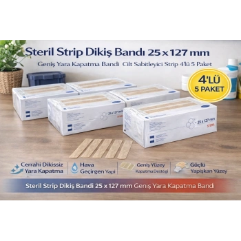Steril Strip Dikiş Bandı 25 x 127 mm Geniş Yara Kapatma Bandı Cilt Sabitleyici Strip 4’lü 5 Paket