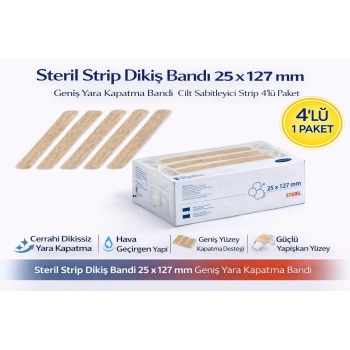 Steril Strip Dikiş Bandı 25 x 127 mm Geniş Yara Kapatma Bandı Cilt Sabitleyici Strip 4’lü Paket