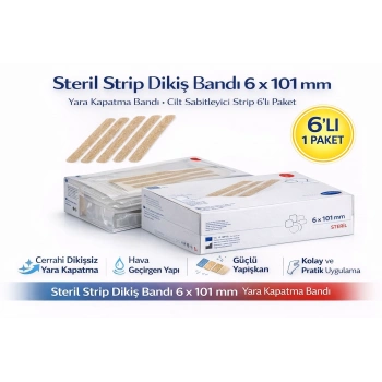 Steril Strip Dikiş Bandı 6 x 101 mm Yara Kapatma Bandı Cilt Sabitleyici Strip 6’lı 1 Paket