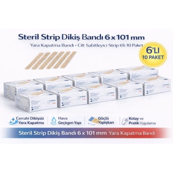 Steril Strip Dikiş Bandı 6 x 101 mm Yara Kapatma Bandı Cilt Sabitleyici Strip 6’lı 10 Paket