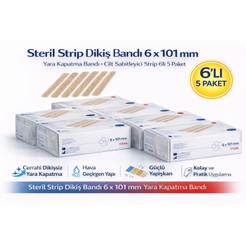 Steril Strip Dikiş Bandı 6 x 101 mm Yara Kapatma Bandı Cilt Sabitleyici Strip 6’lı 5 Paket