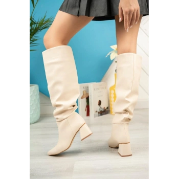 SYT-2002 Bej Körüklü Kalın Topuklu Günlük Bayan Çizme