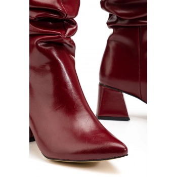 SYT-2002 Bordo Kırışık Rugan Körüklü Kalın Topuklu Günlük Bayan Çizme