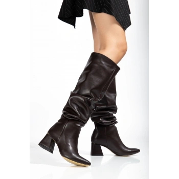 SYT-2002 Kahve Körüklü Kalın Topuklu Günlük Bayan Çizme