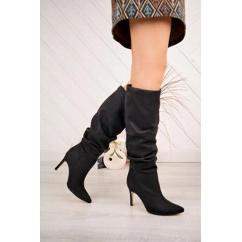 SYT-2003 Siyah Süet Körüklü İnce Topuklu Günlük Bayan Çizme