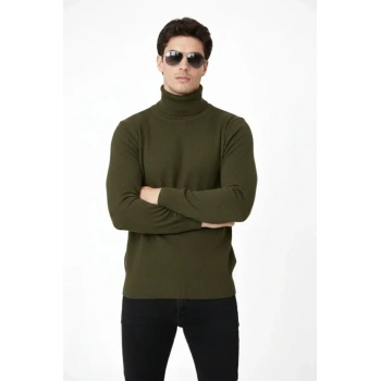 Tam Boğazlı Balıkcı Yaka Triko Kazak Yumuşak Dokulu Pamuklu Ince Dokuma, Uzun Kollu Rahat Regular Kalıp - Haki