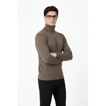 Tam Boğazlı Balıkcı Yaka Triko Kazak Yumuşak Dokulu Pamuklu Ince Dokuma, Uzun Kollu Rahat Regular Kalıp - Kahverengi