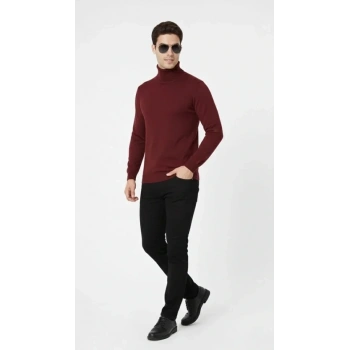 Tam Boğazlı Balıkcı Yaka Triko Kazak Yumuşak Dokulu Pamuklu Ince Dokuma, Uzun Kollu Rahat Regular Kalıp - Bordo