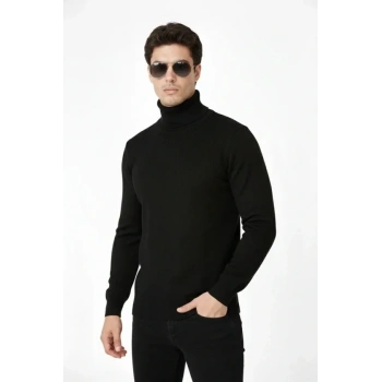 Tam Boğazlı Balıkcı Yaka Triko Kazak Yumuşak Dokulu Pamuklu Ince Dokuma Uzun Kollu - Siyah