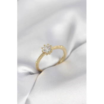Tek Taş Model Gold Renk Zirkon Taşlı Kadın Yüzük