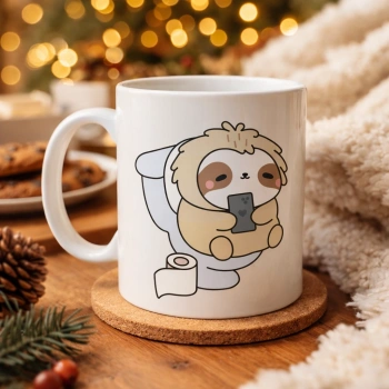 Tembel Hayvan Tasarımlı Porselen Kupa MODEL 108 – Telefonla Takılan Sevimli Sloth Desenli Eğlenceli Kahve Kupası  Hediye Fikri