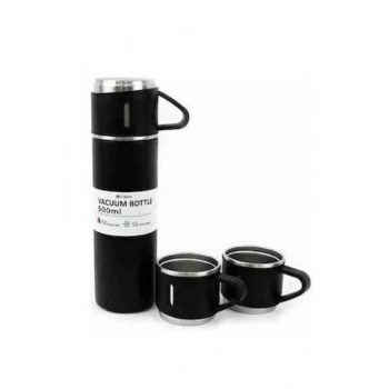 Termos Paslanmaz Çelik Termos Siyah Renk 3 Bardaklı Termos Seti