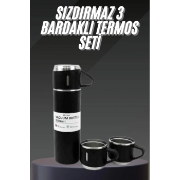 Termos Seti Paslanmaz Çelik 3 Bardaklı Vakumlu Termos Set 500 Ml 12 Saate Kadar Isı Koruma