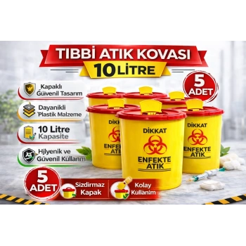 Tıbbi Atık Kovası 10 Litre 5 Adet Kapaklı Tıbbi Atık Kutusu Enfekte Atık Kovası Seti