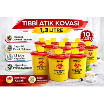 Tıbbi Atık Kovası 1,3 Litre 10 Adet Kapaklı Tıbbi Atık Kutusu Enfekte Atık Kovası Seti