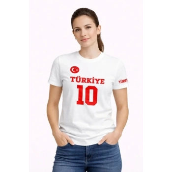 TÜRKİYE Ay Yıldız Baskılı 10 Numara Forma Tişört Taraftar T-Shirt - Beyaz