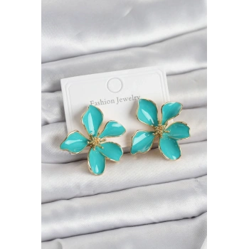 Turkuaz Mineli Çiçek Model Pirinç Kadın Küpe