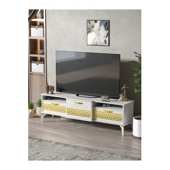 Tv Sehpası Tv Ünitesi 160 Cm Gold Beyaz Mistral 5072