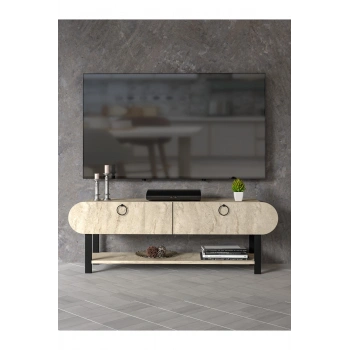 Tv Sehpası Tv Ünitesi Kapaklı Raflı Setro Traverten