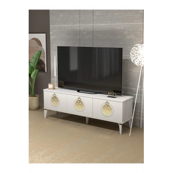 Tv Sehpası Tv Ünitesi Saraylı Beyaz Gold 5062