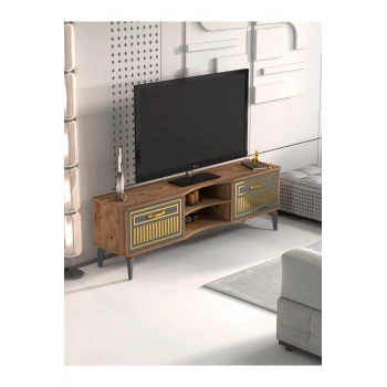 Tv Sehpası Tv Ünitesi Vera Atlantik Çam Antrasit Gold Çizgili 5050
