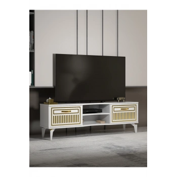 Tv Sehpası Tv Ünitesi Vera Beyaz Gold Çizgili 5052