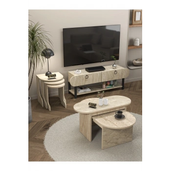 Tv Sehpası Ünitesi 2Li Orta Sehpa 3Lü Zigon Sehpa Set Üç Ürün Traverten