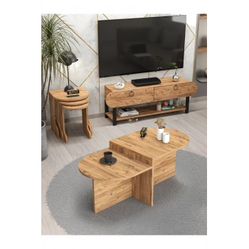 Tv Sehpası Ünitesi Tekli Orta Sehpa 3Lü Zigon Sehpa Set Üç Ürün Atlantik Çam