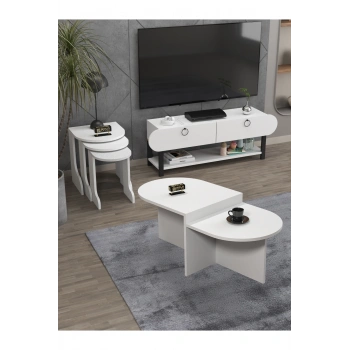 Tv Sehpası Ünitesi Tekli Orta Sehpa 3Lü Zigon Sehpa Set Üç Ürün Beyaz