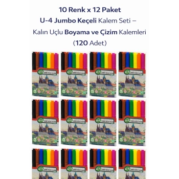 U-4 Jumbo Keçeli Kalem 10 Renk x 12 Paket – Kalın Uçlu Boyama ve Çizim Kalemi Seti (120 Adet)