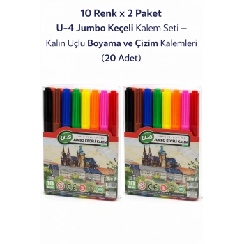 U-4 Jumbo Keçeli Kalem 10 Renk x 2 Paket – Kalın Uçlu Boyama ve Çizim Kalemi Seti (20 Adet)