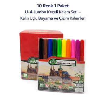 U-4 Jumbo Keçeli Kalem Seti 10 Renk – Kalın Uçlu Boyama ve Çizim Kalemi Seti (1 Paket)