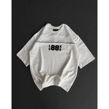 Unisex Bisiklet Yaka Baskılı Oversize T-Shirt - Beyaz