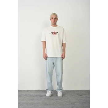 Unisex Bisiklet Yaka Baskılı Oversize T-Shirt - Beyaz