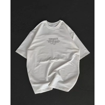 Unisex Bisiklet Yaka Baskılı Oversize T-Shirt - Beyaz