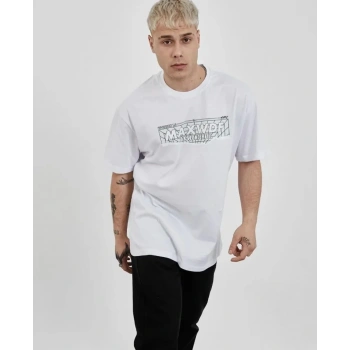 Unisex Bisiklet Yaka Baskılı Oversize T-Shirt - Beyaz