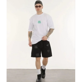 Unisex Bisiklet Yaka Baskılı Oversize T-Shirt - Beyaz