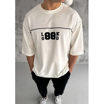 Unisex Bisiklet Yaka Baskılı Oversize T-Shirt - Beyaz