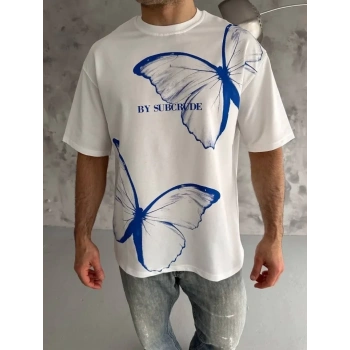 Unisex Bisiklet Yaka Baskılı Oversize T-Shirt - Beyaz