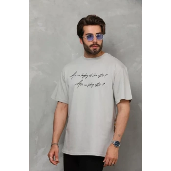 Unisex Bisiklet Yaka Baskılı Oversize T-Shirt - Gri